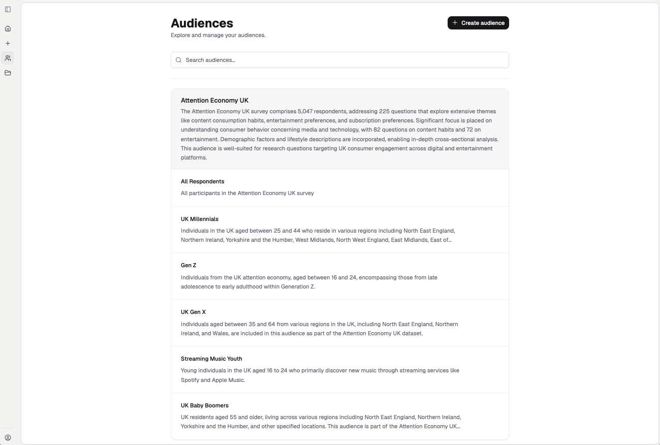 The Audiences page, listing the audiences built from a dataset