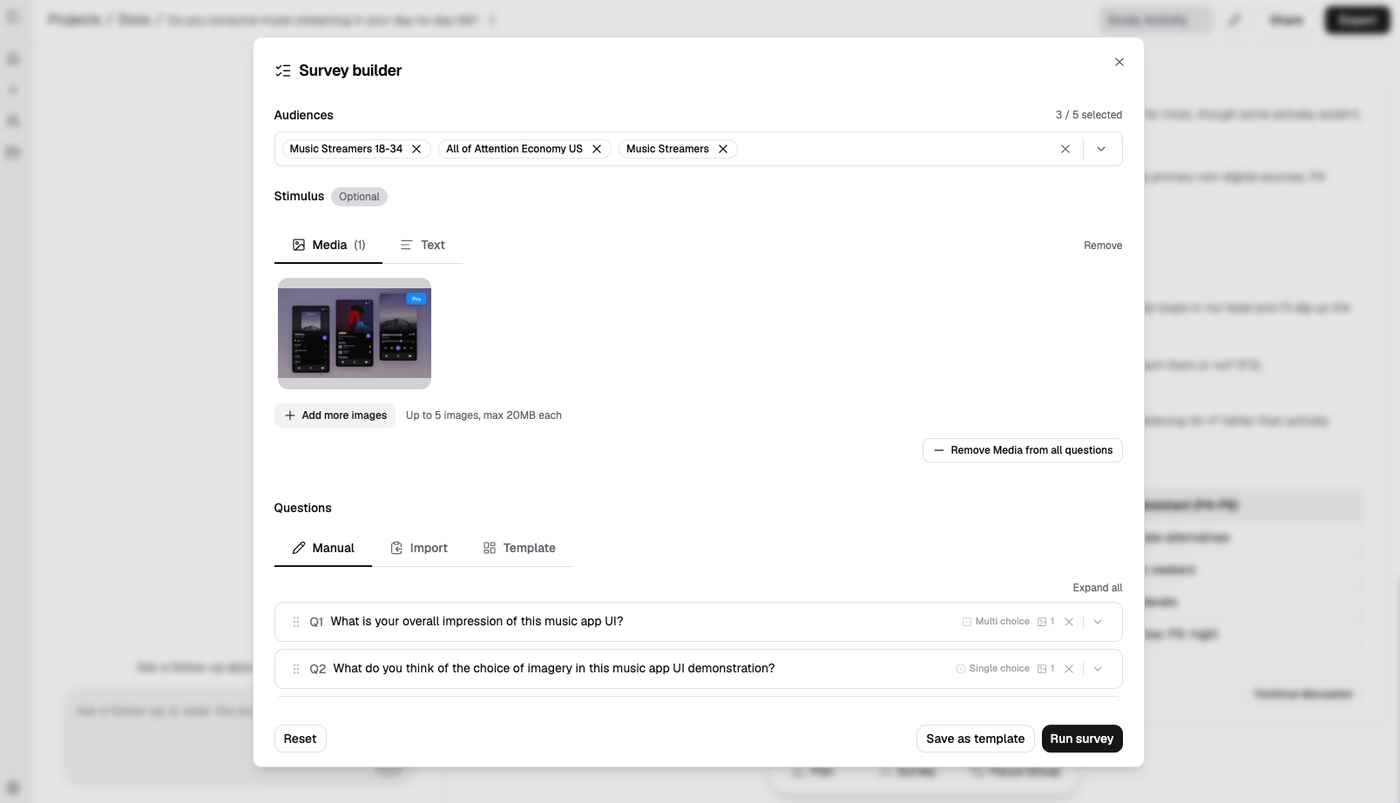 The Survey builder with an image stimulus attached and two questions configured
